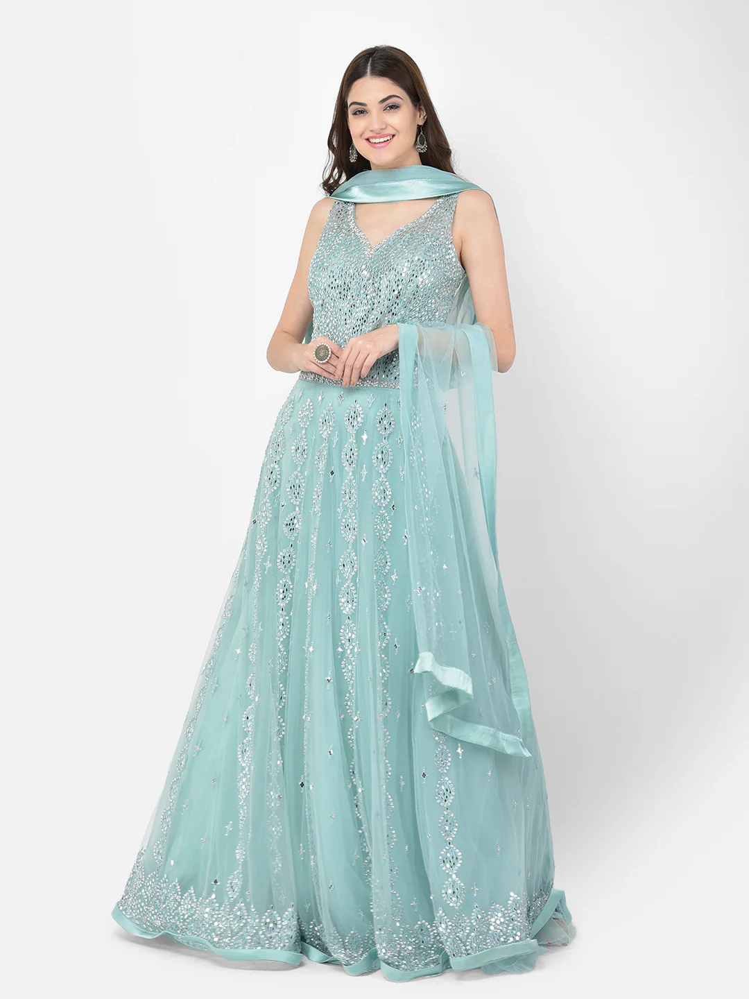 Neerus Sea Green Color Nett Fabric Gown