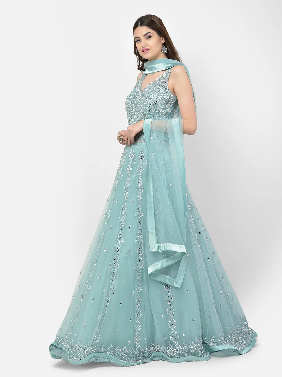 Neerus Sea Green Color Nett Fabric Gown - Image 2
