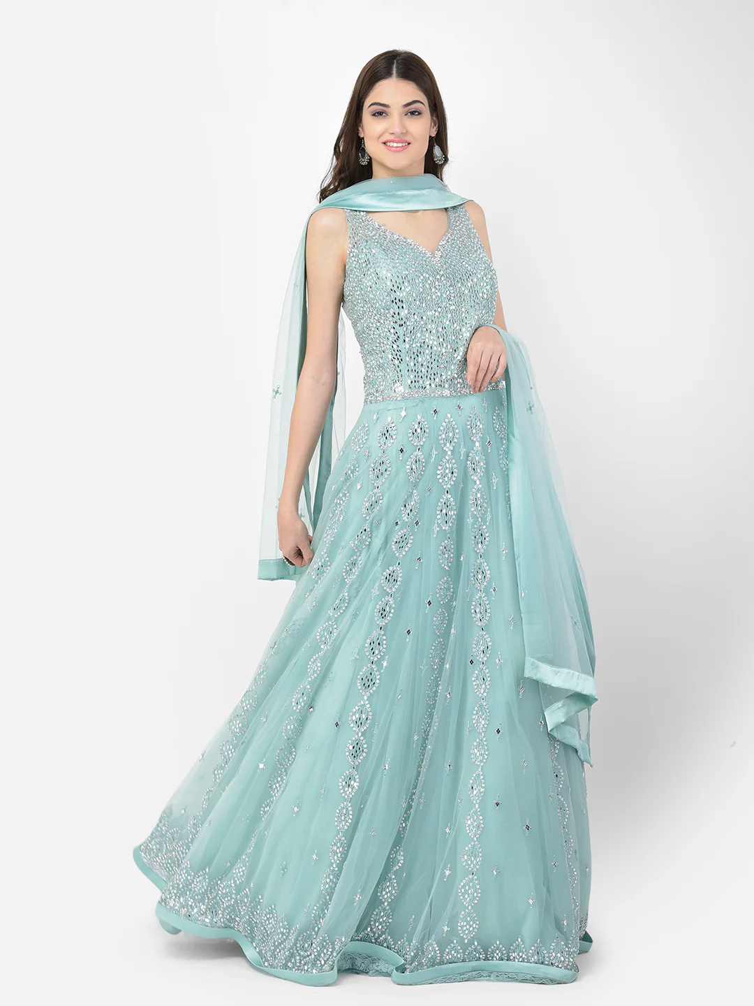 Neerus Sea Green Color Nett Fabric Gown - Image 3