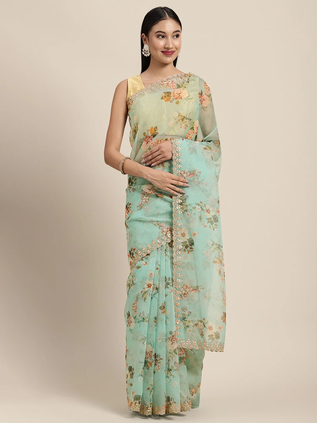 Neerus Sea Green Color Organza Fabric Saree