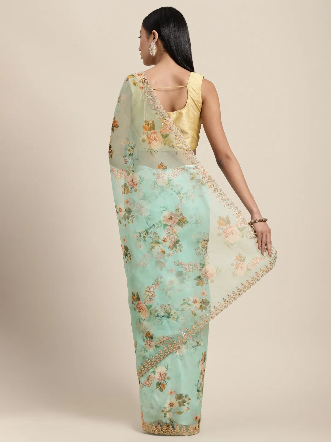 Neerus Sea Green Color Organza Fabric Saree - Image 2