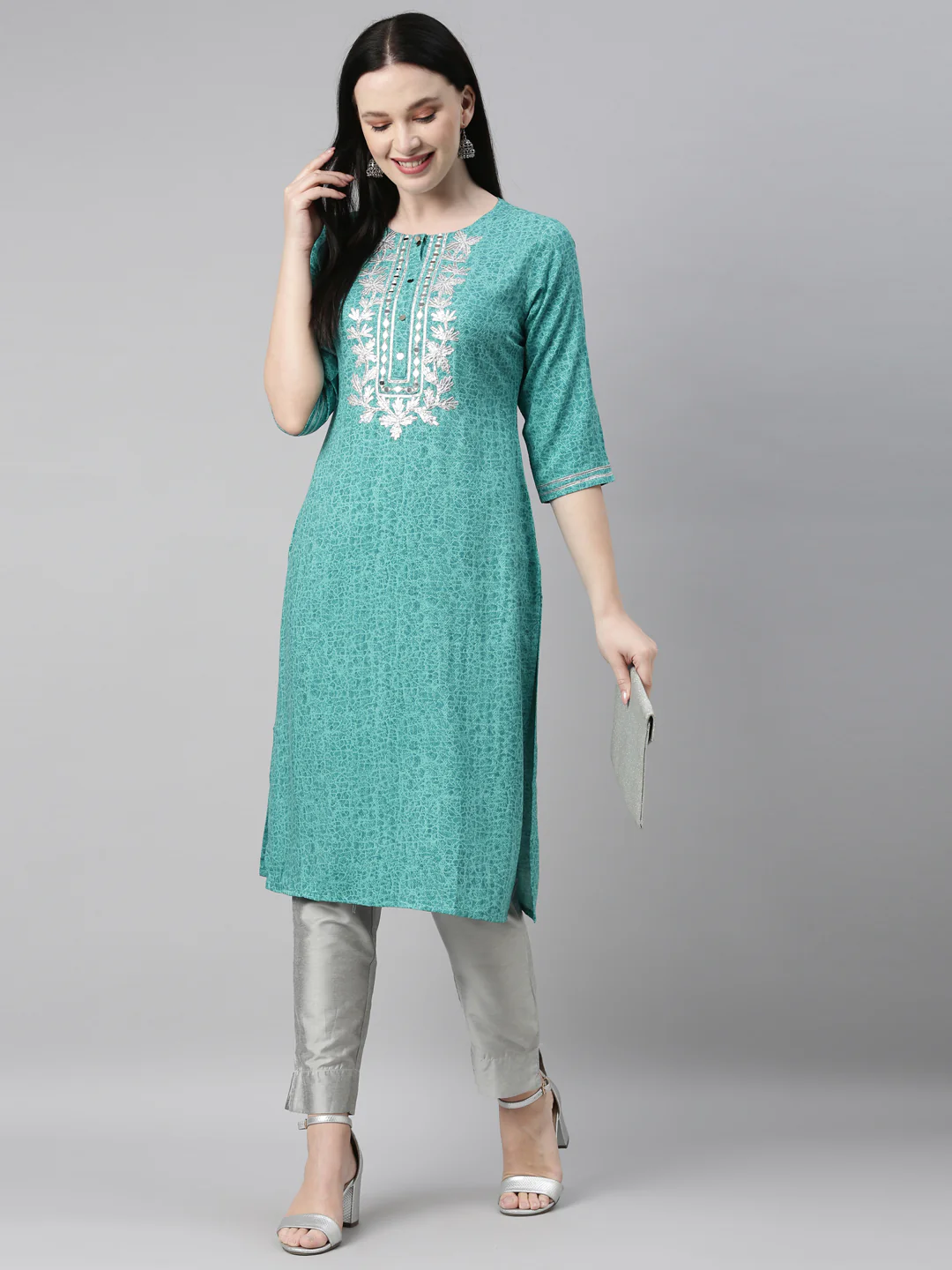 Neerus Sea Green Color Printed Fabric Kurta
