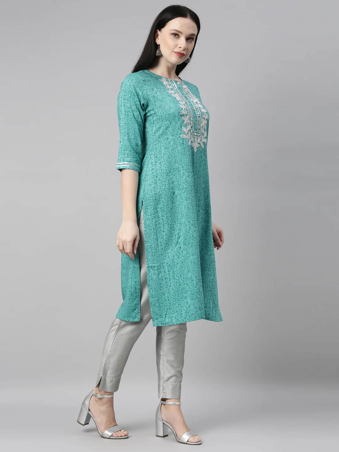 Neerus Sea Green Color Printed Fabric Kurta - Image 4