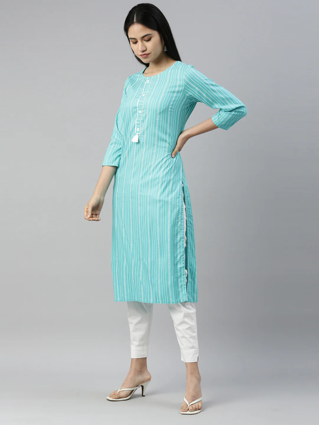 Neerus Sea Green Color Rayon Fabric Kurta - Image 2
