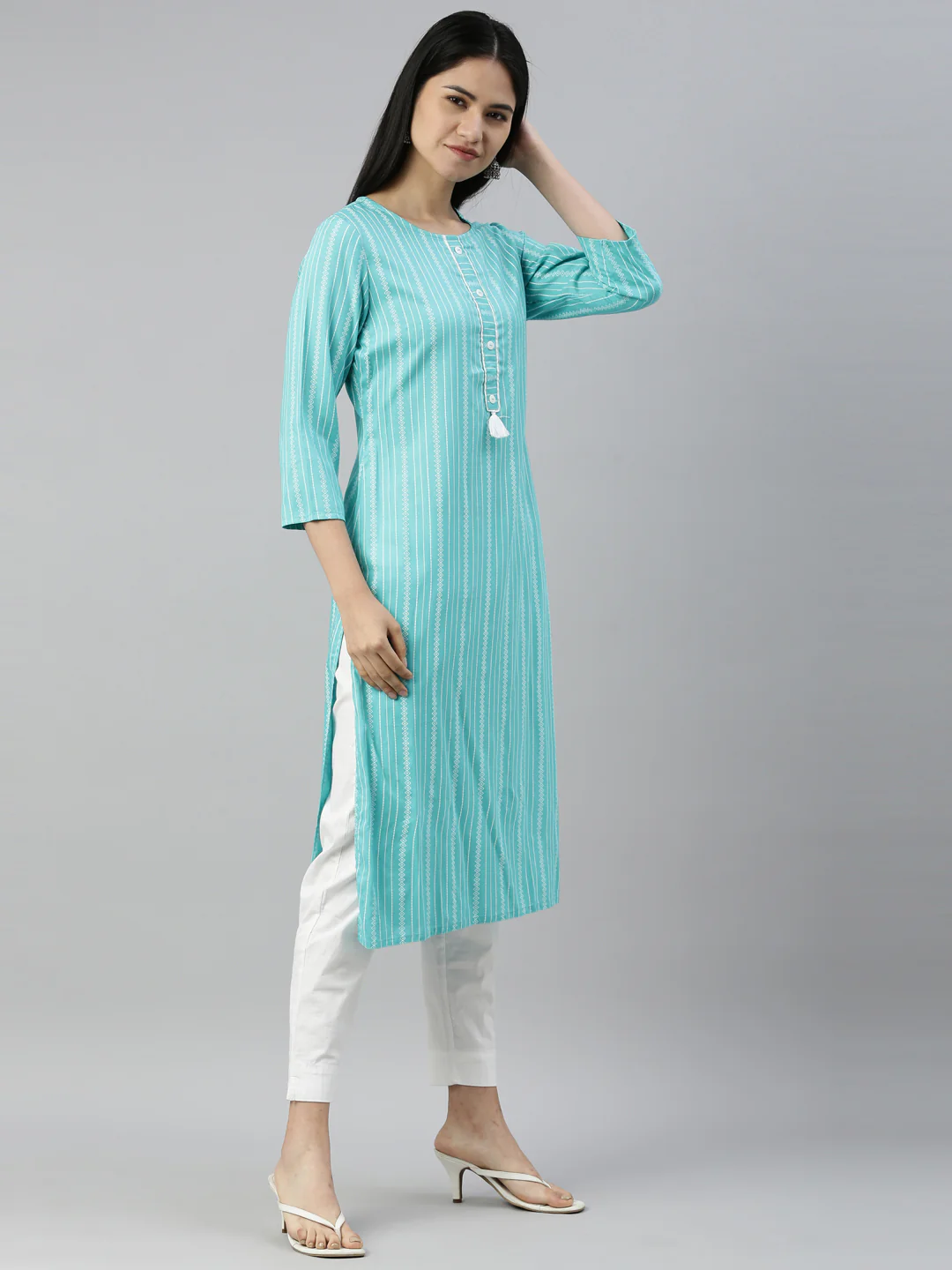 Neerus Sea Green Color Rayon Fabric Kurta - Image 3