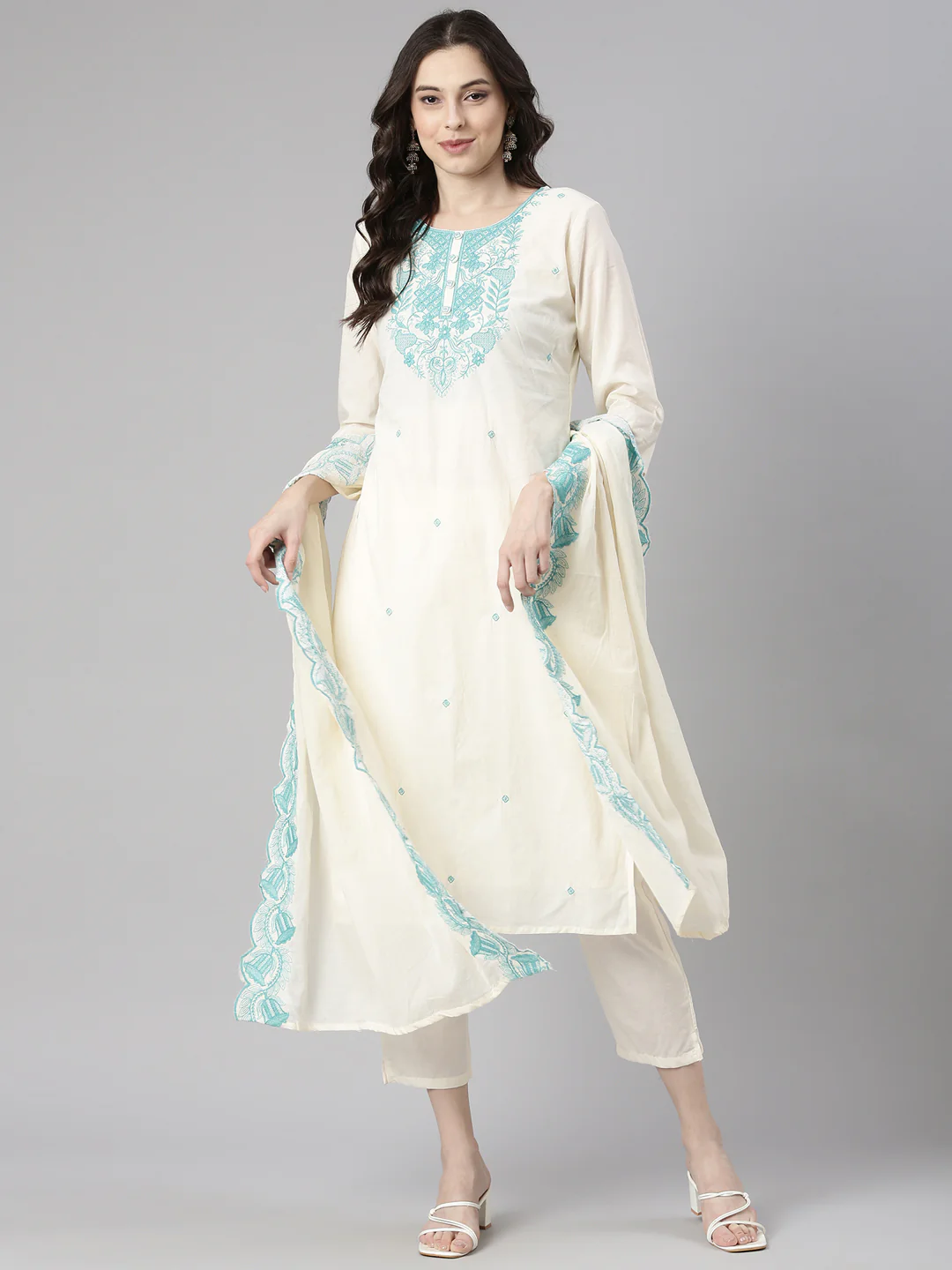 Neerus Sea Green Embroidered Straight Kurta and Trousers With Dupatta - Image 5