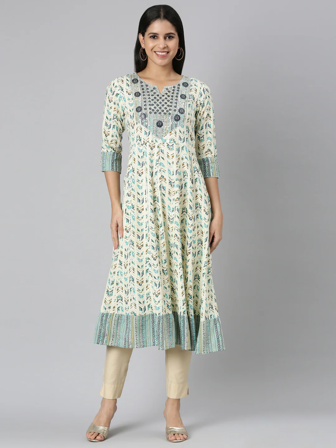 Neerus Sea Green Flared Casual Floral Anarkali Kurta