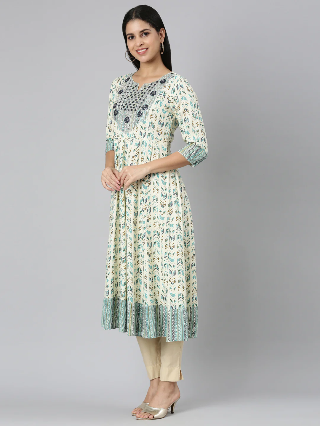 Neerus Sea Green Flared Casual Floral Anarkali Kurta - Image 2