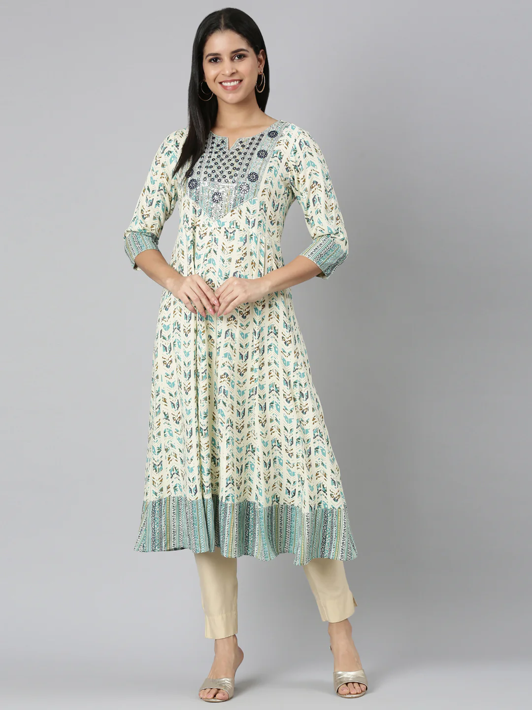 Neerus Sea Green Flared Casual Floral Anarkali Kurta - Image 8