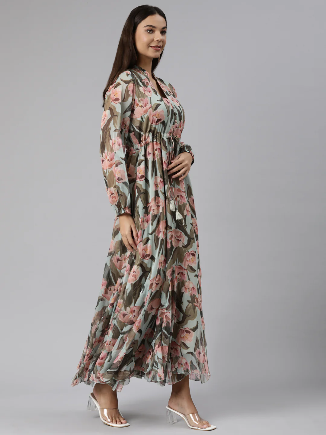 Neerus Sea Green Flared Casual Floral Dresses - Image 2