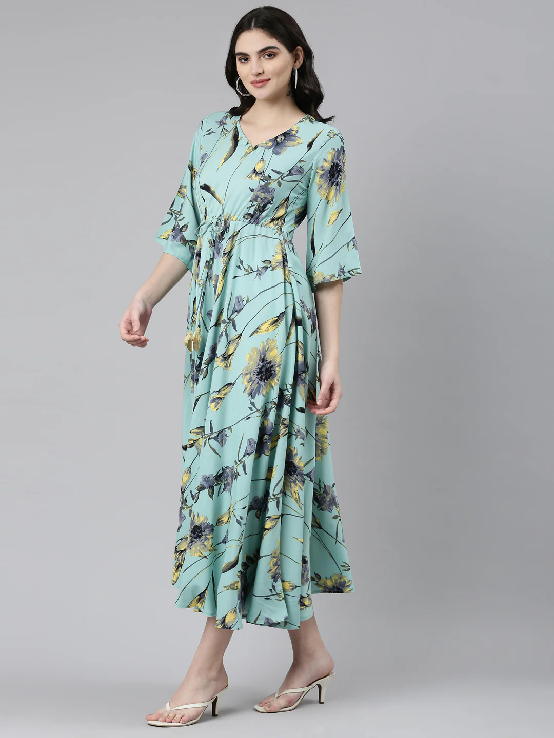 Neerus Sea Green High-Low Casual Printed Dress - Image 2