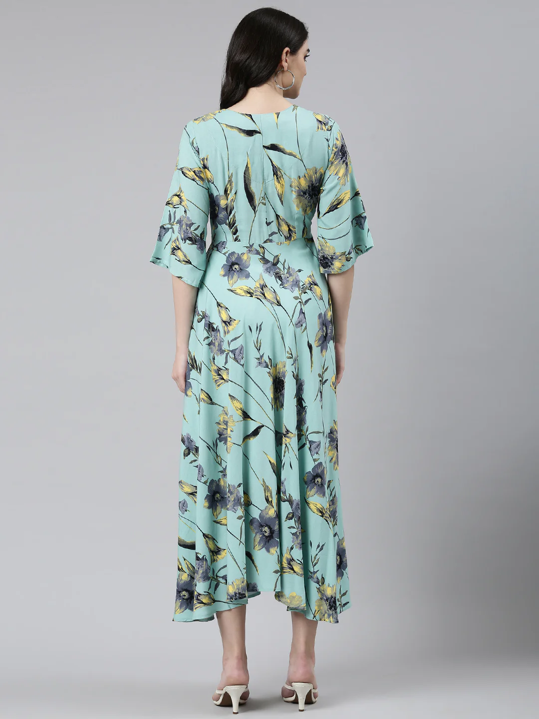 Neerus Sea Green High-Low Casual Printed Dress - Image 3