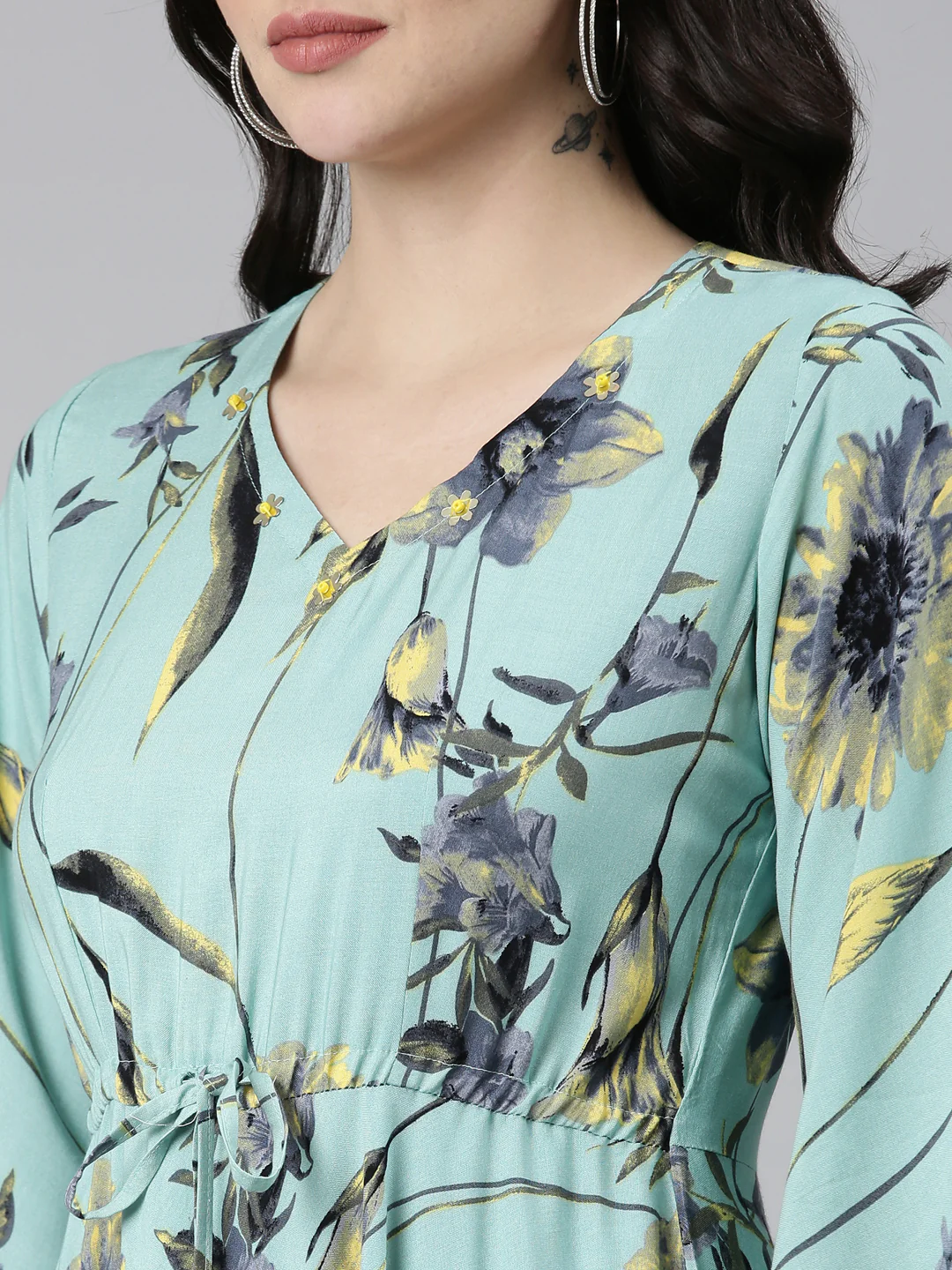 Neerus Sea Green High-Low Casual Printed Dress - Image 4