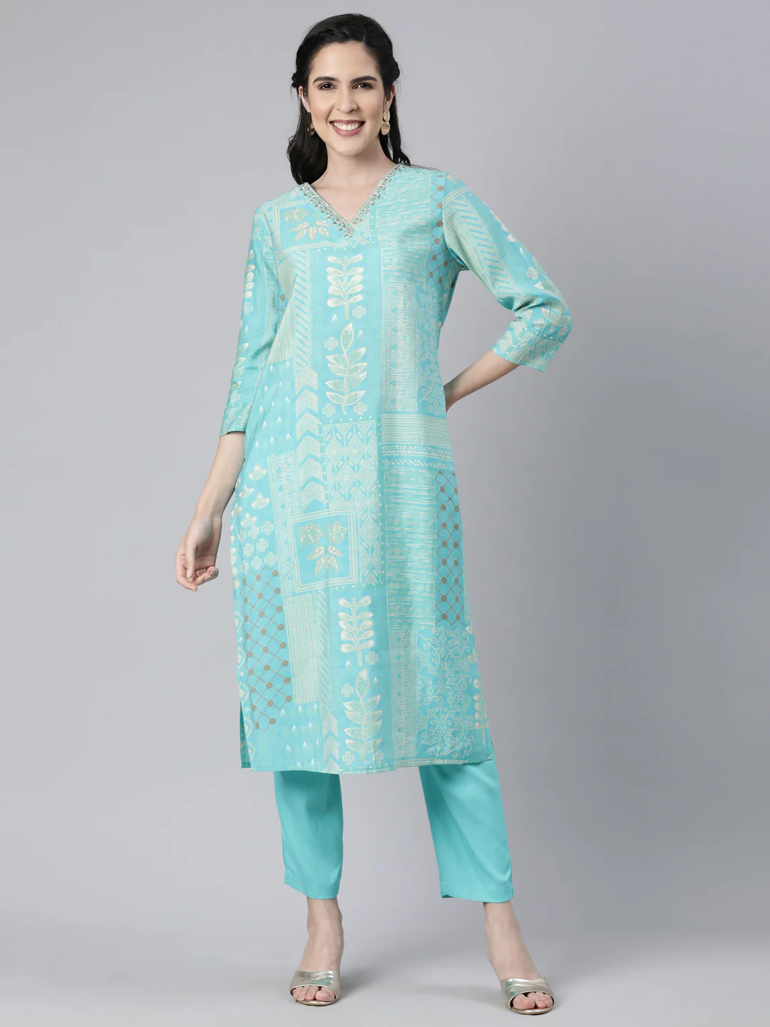 Neerus Sea Green Panelled Straight Bandhani Readymade suits