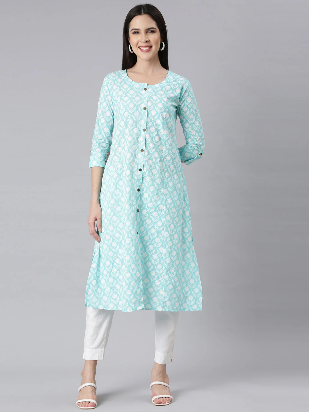 Neerus Sea Green Panelled Straight Floral Kurta