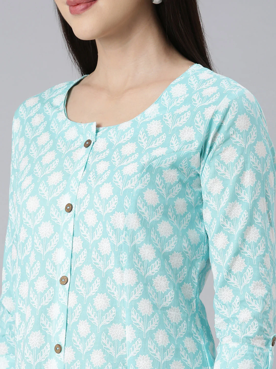 Neerus Sea Green Panelled Straight Floral Kurta - Image 5