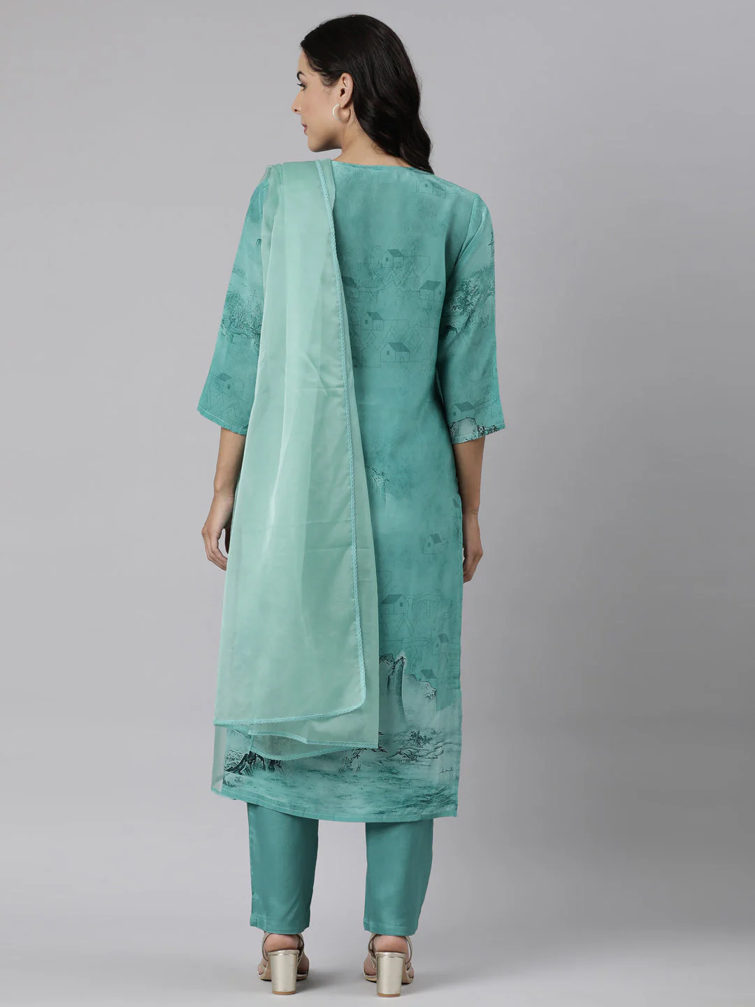 Neerus Sea Green Panelled Straight Printed Kurta And Trousers With Dupatta - Image 4
