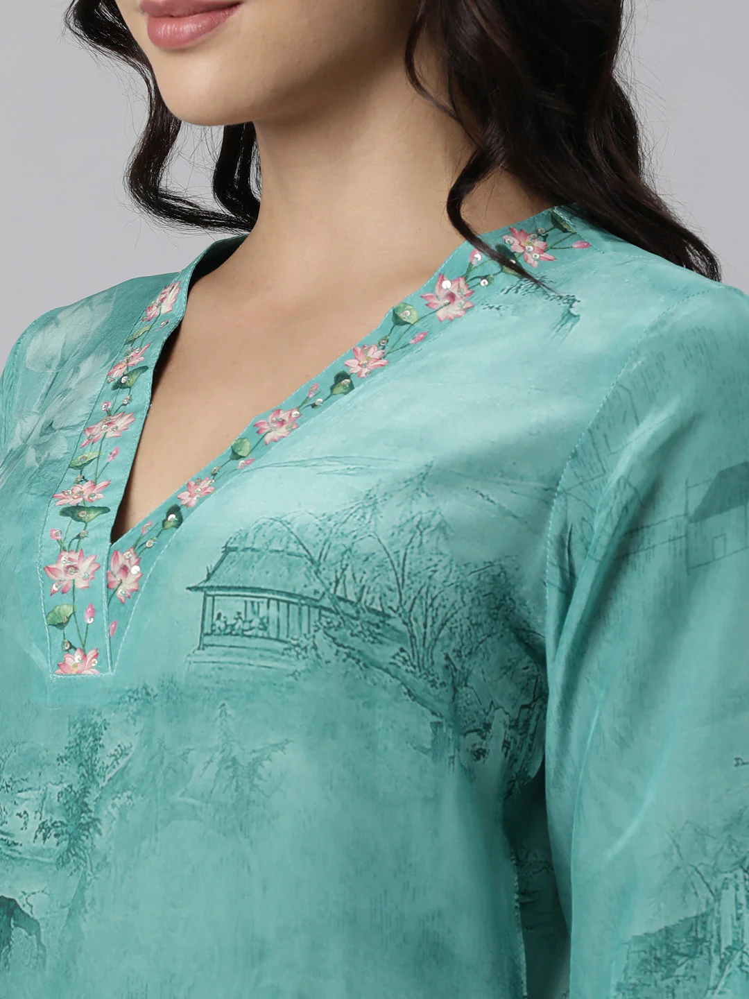 Neerus Sea Green Panelled Straight Printed Kurta And Trousers With Dupatta - Image 5