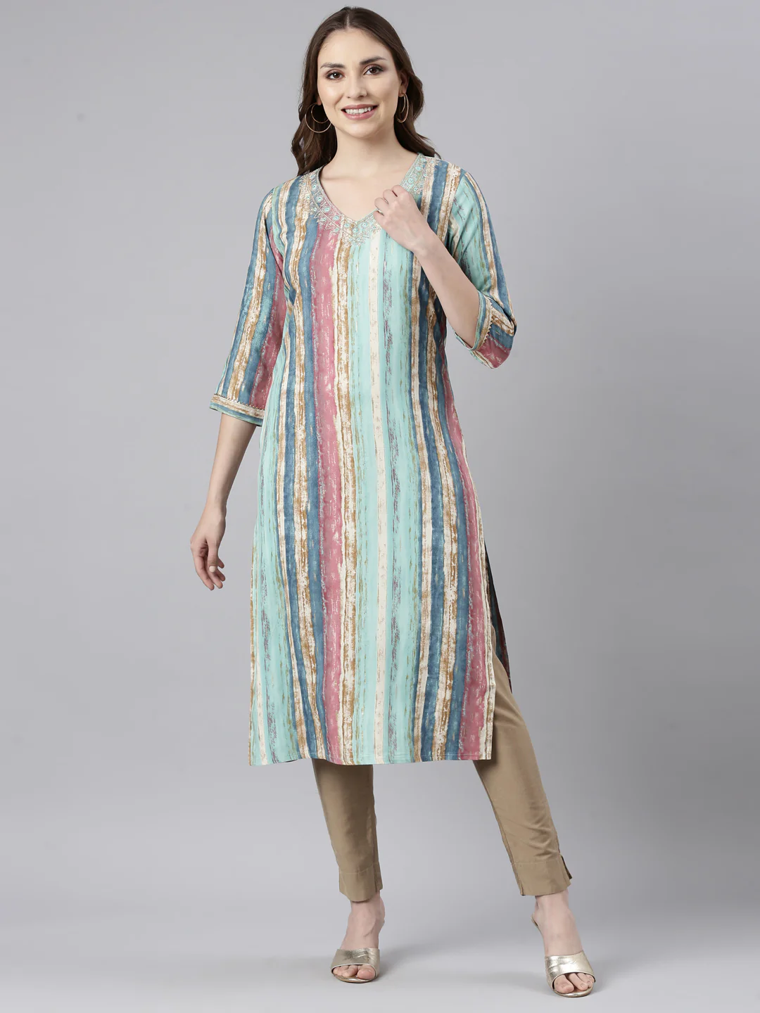 Neerus Sea Green Panelled Straight Striped Kurta