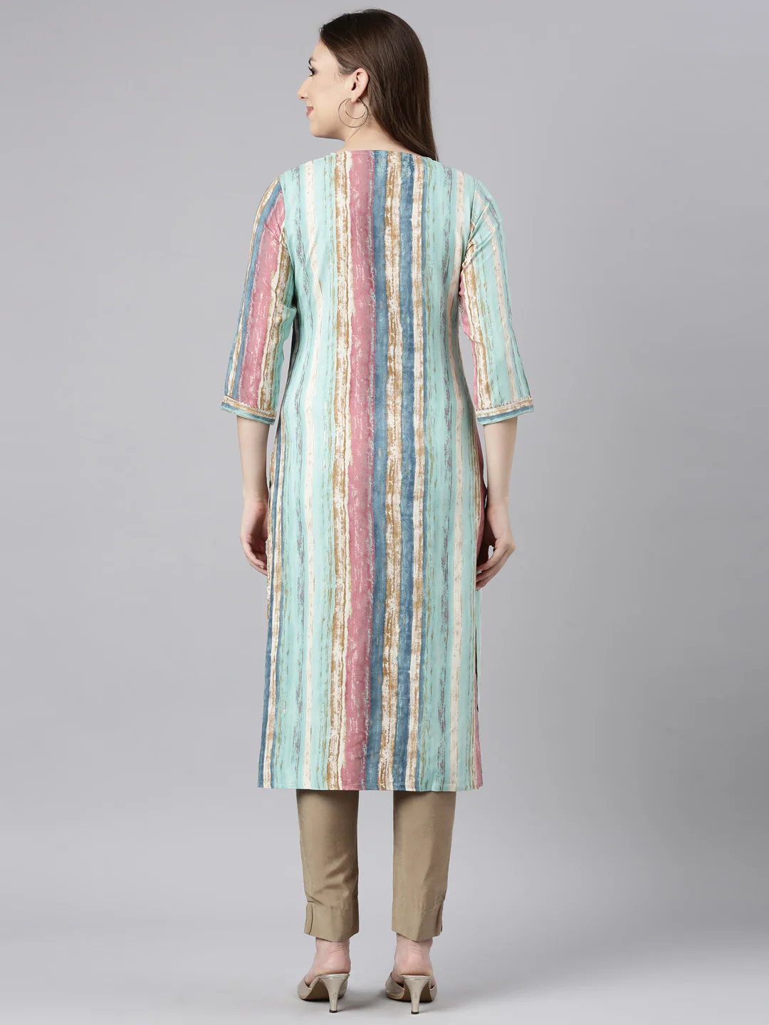 Neerus Sea Green Panelled Straight Striped Kurta - Image 3