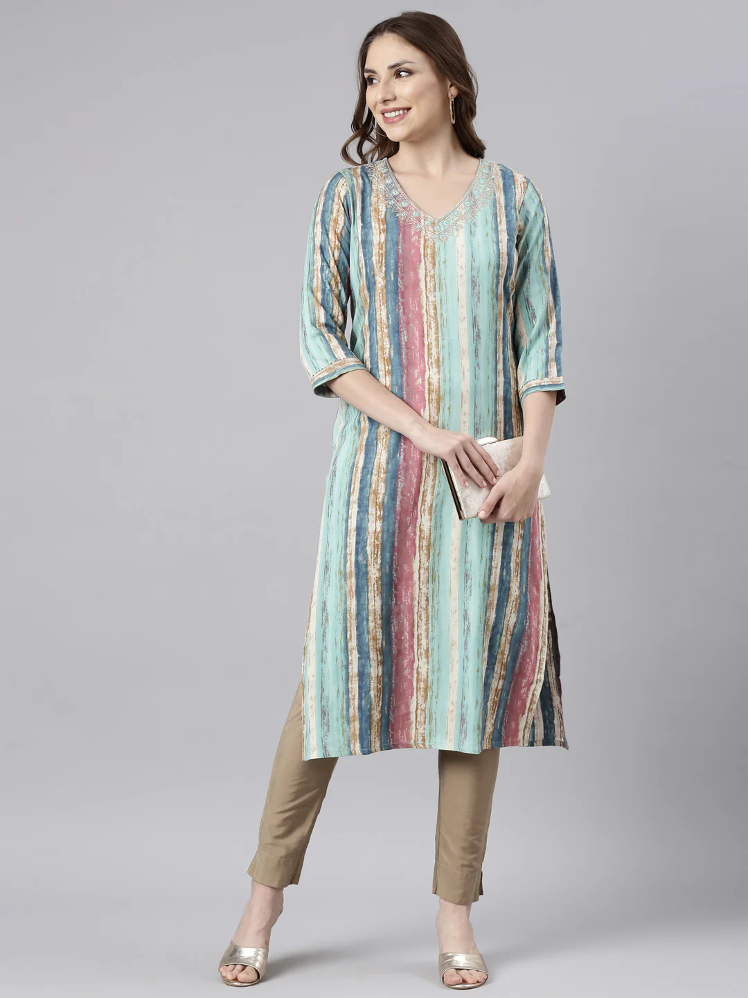 Neerus Sea Green Panelled Straight Striped Kurta - Image 4