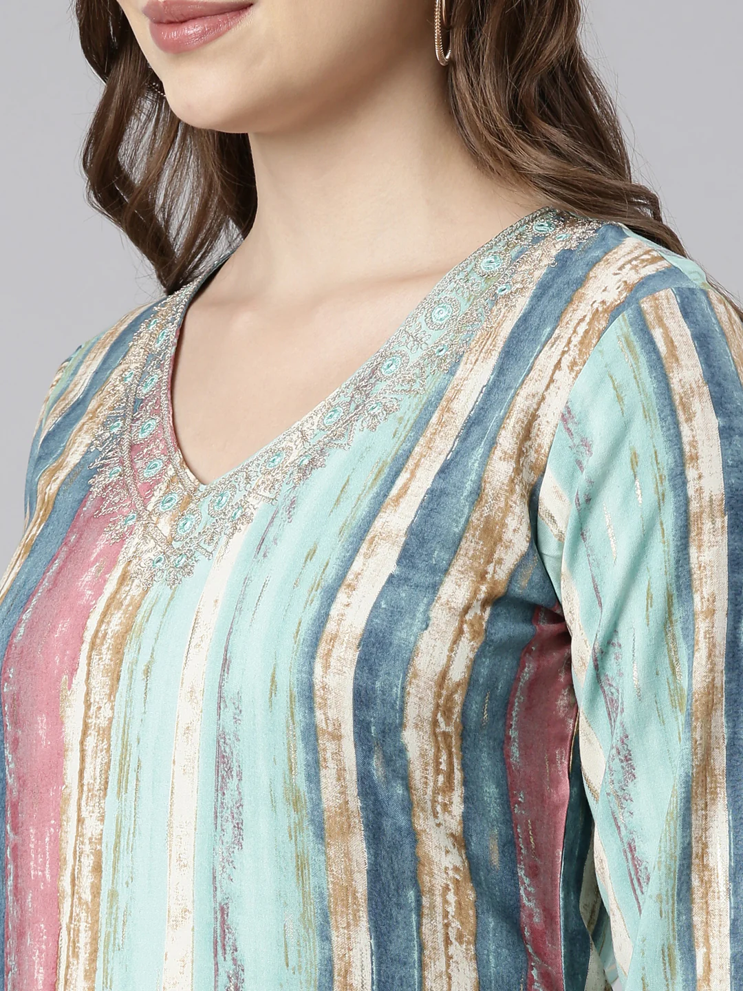 Neerus Sea Green Panelled Straight Striped Kurta - Image 5