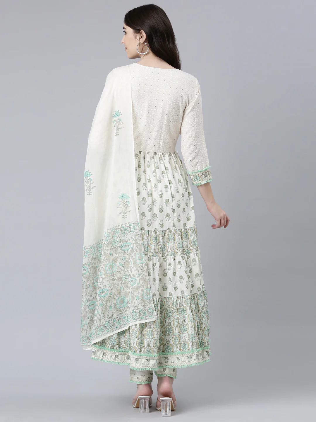 Neerus Sea Green Pleated Flared Printed Kurta And Trousers With Dupatta - Image 3