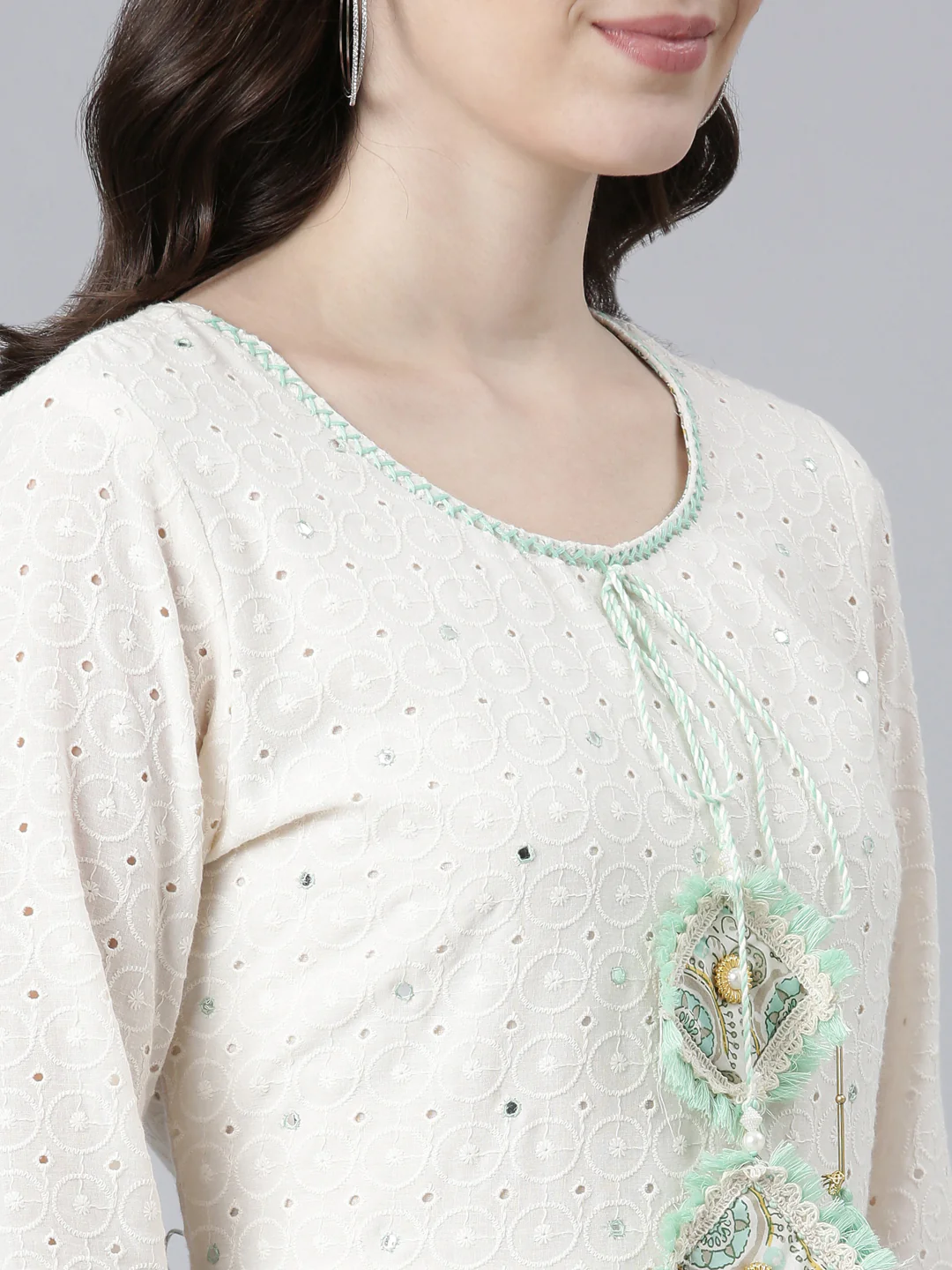 Neerus Sea Green Pleated Flared Printed Kurta And Trousers With Dupatta - Image 4
