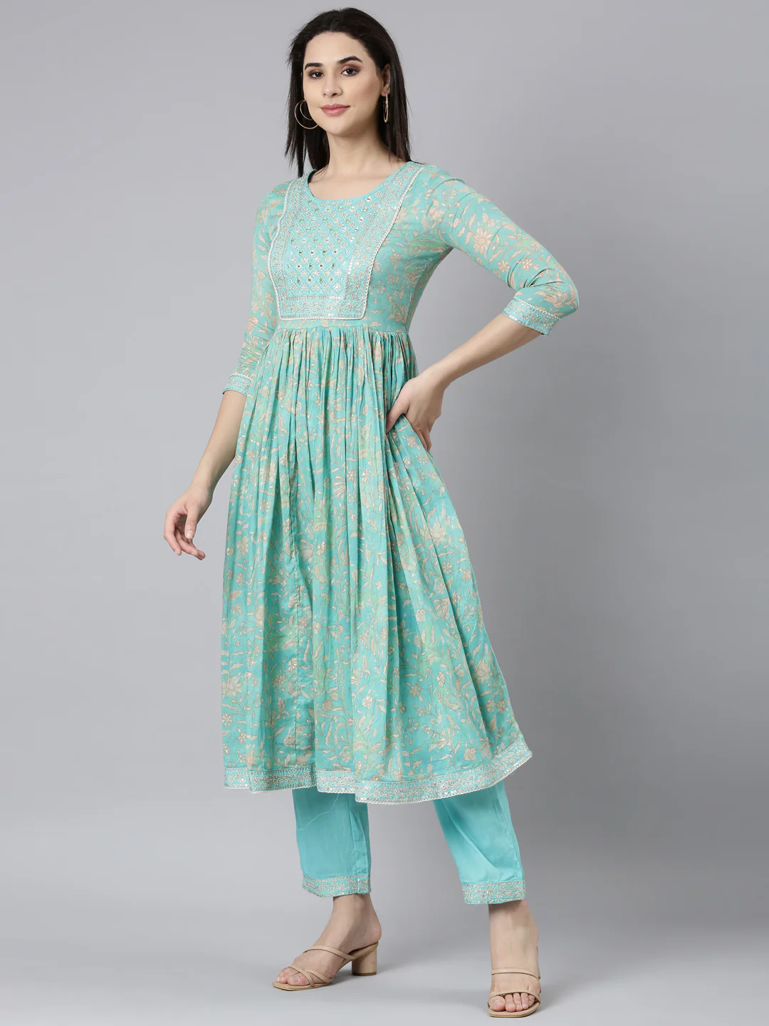 Neerus Sea Green Pleated Straight Floral Readymade suits - Image 2