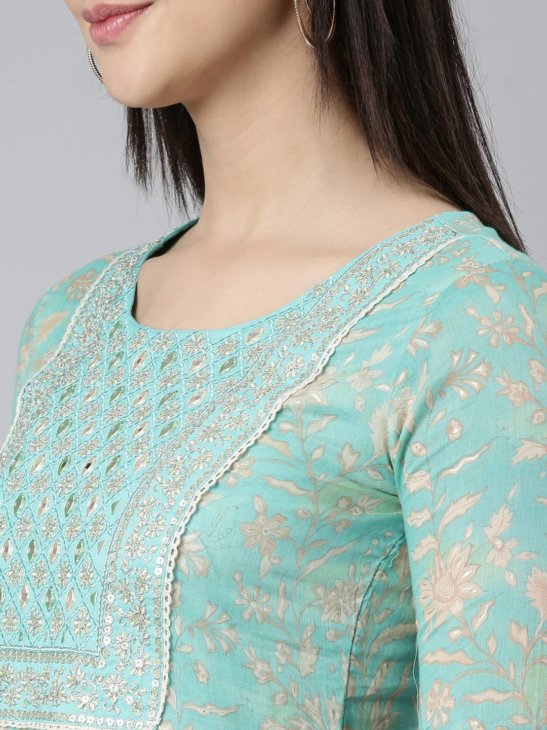 Neerus Sea Green Pleated Straight Floral Readymade suits - Image 4
