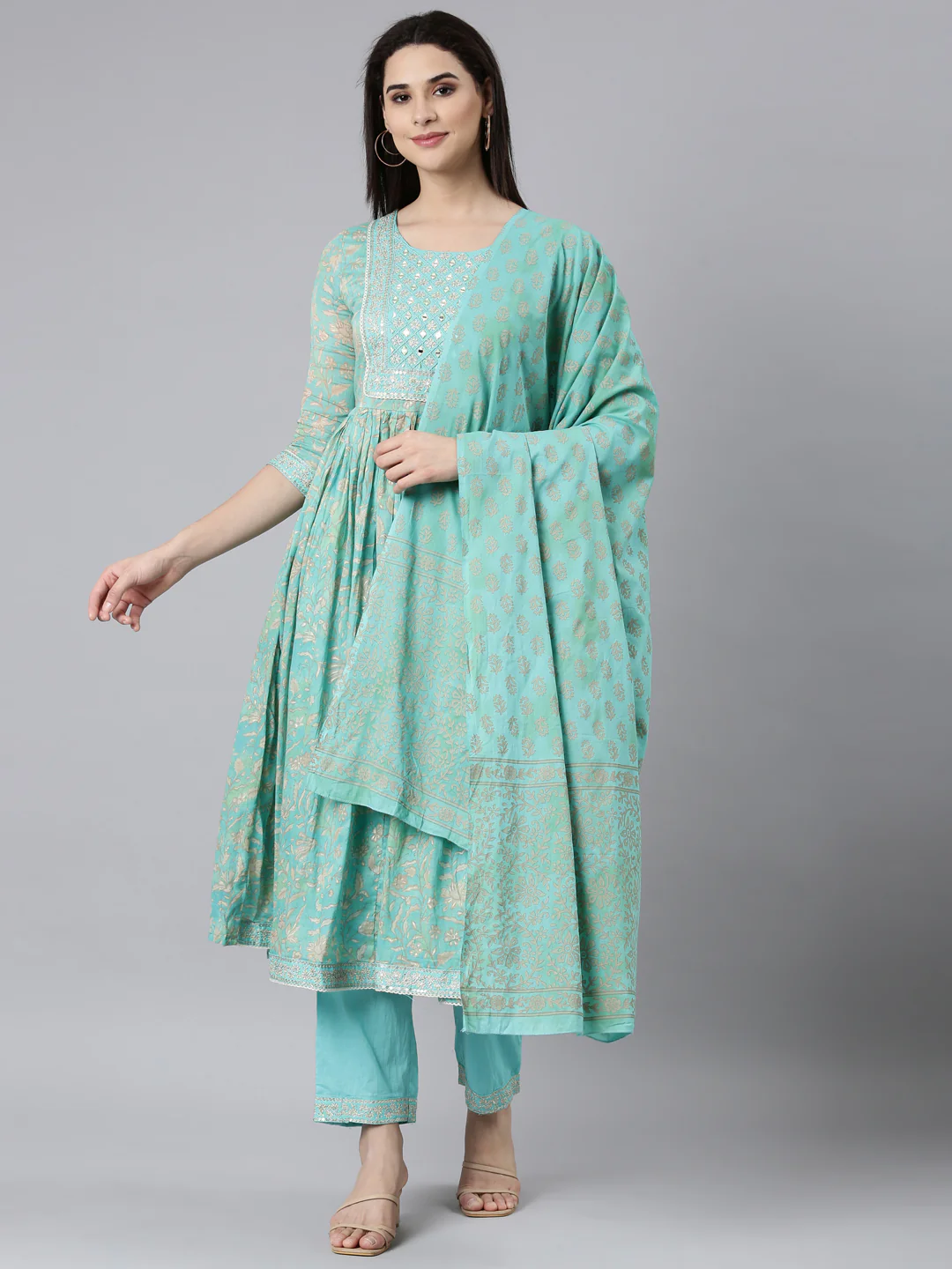 Neerus Sea Green Pleated Straight Floral Readymade suits - Image 5