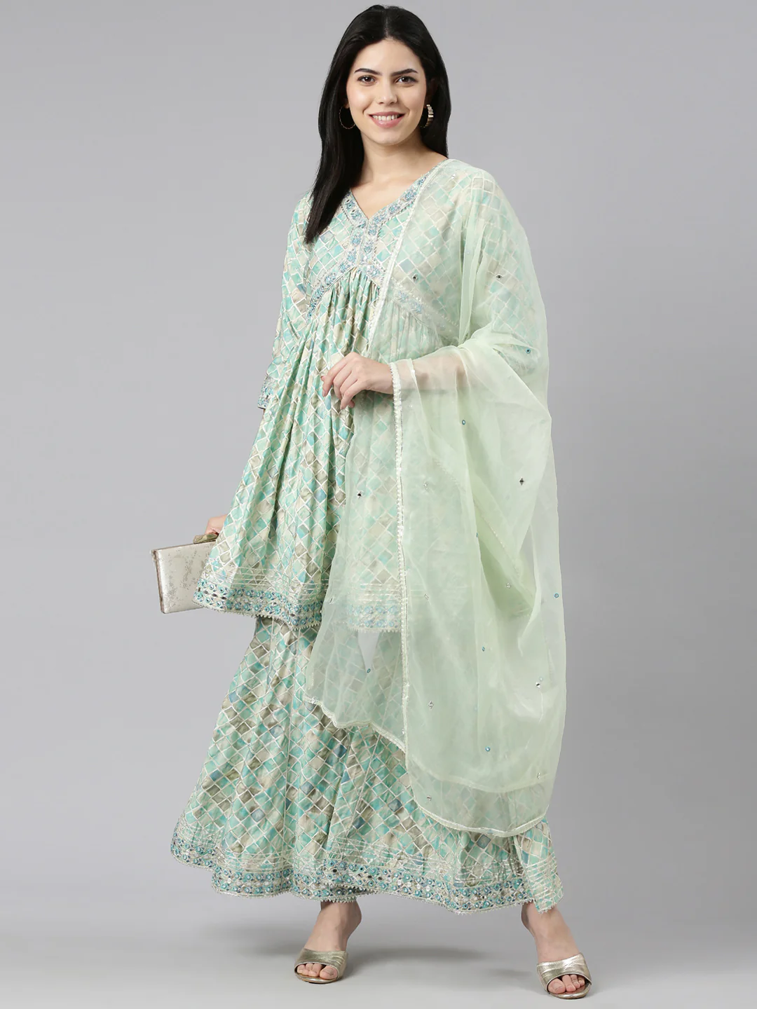Neerus Sea Green Pleated Straight Printed Kurta And Sharara With Dupatta - Image 5