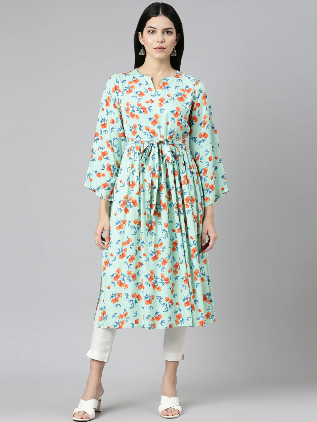 Neerus Sea Green Pleated Straight Printed Kurta