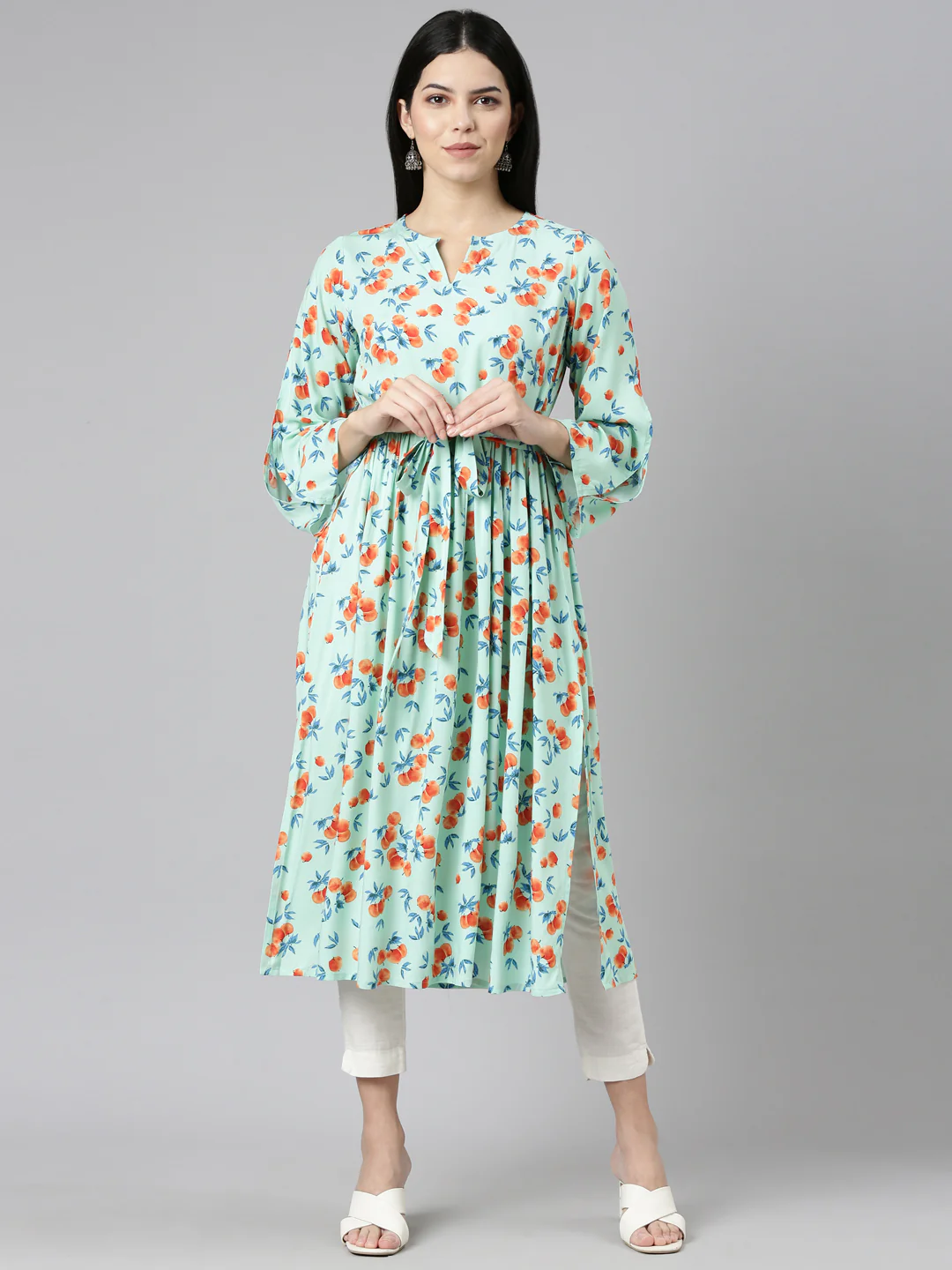 Neerus Sea Green Pleated Straight Printed Kurta - Image 5