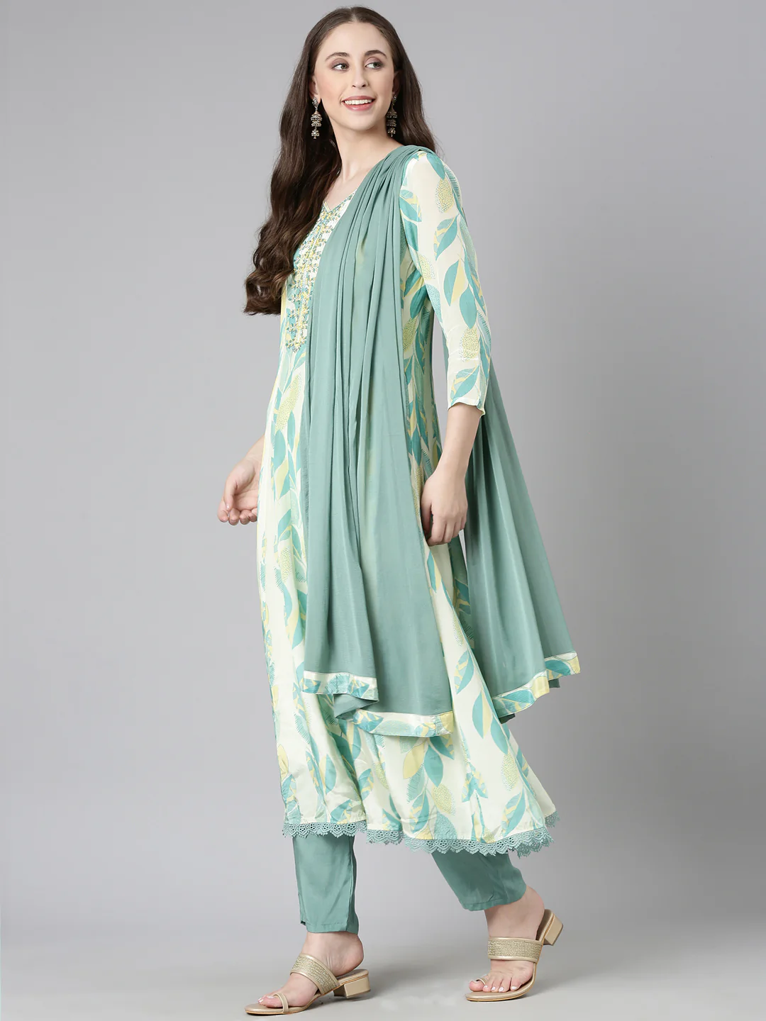 Neerus Sea Green Printed Straight Kurta and Trousers With Dupatta - Image 5
