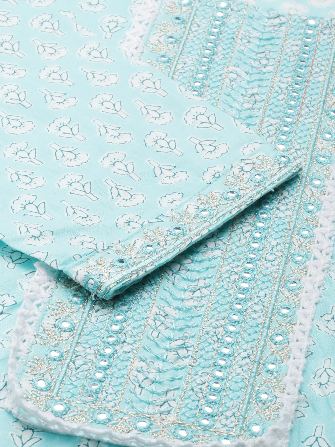 Neerus Sea Green Regular Calf Length Printed Kurta Printed Trousers With Dupatta - Image 5