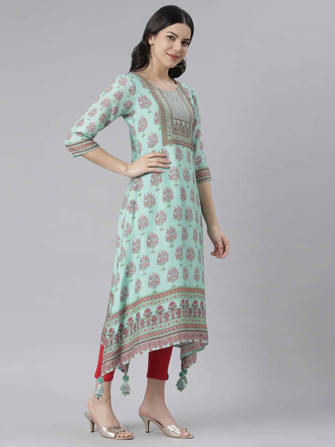 Neerus Sea Green Regular High-Low Kurta - Image 2