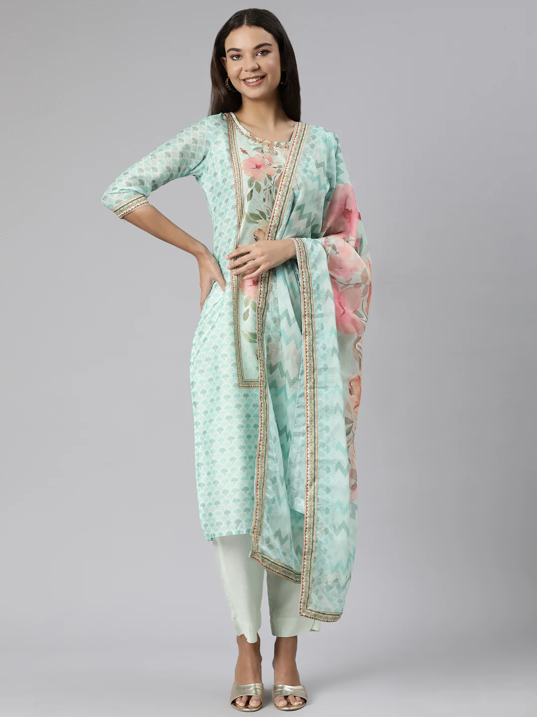 Neerus Sea Green Regular Straight Floral Kurta And Trousers With Dupatta