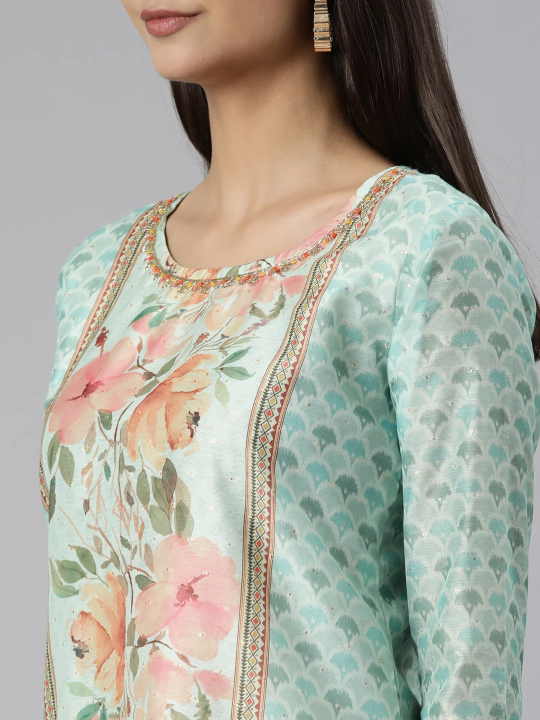 Neerus Sea Green Regular Straight Floral Kurta And Trousers With Dupatta - Image 4