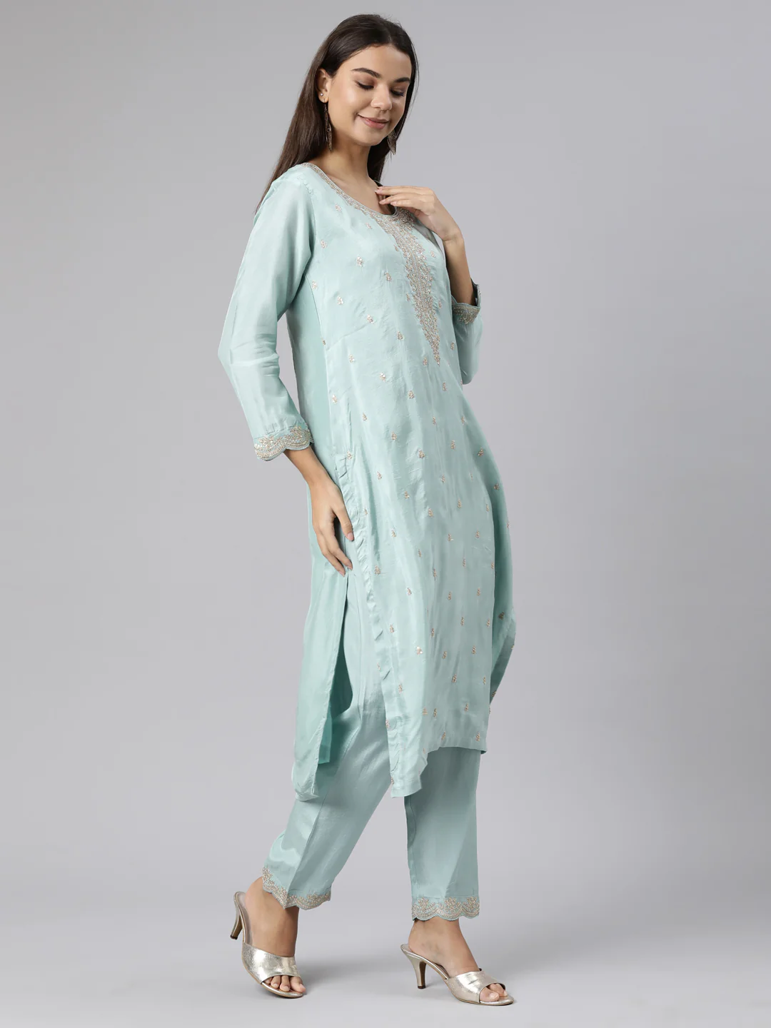 Neerus Sea Green Regular Straight Floral Kurta And Trousers With Dupatta - Image 2
