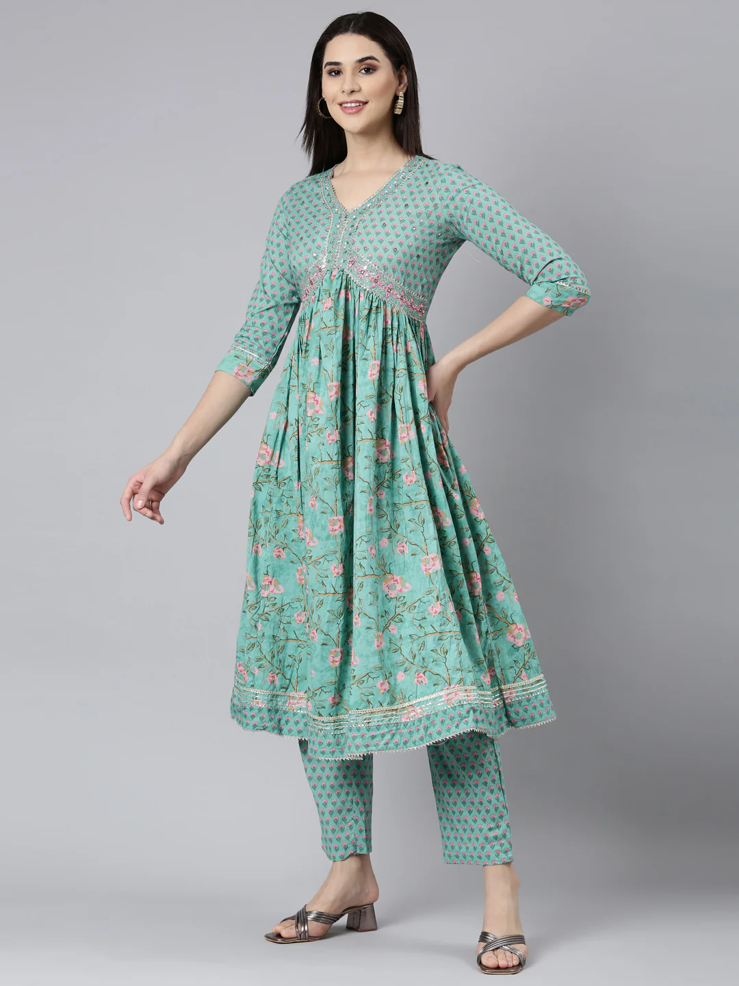 Neerus Sea Green Regular Straight Floral Readymade suits - Image 2