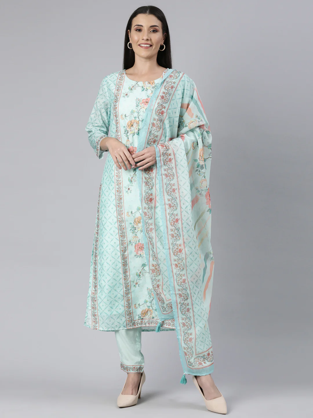 Neerus Sea Green Regular Straight Floral Kurta And Trousers With Dupatta