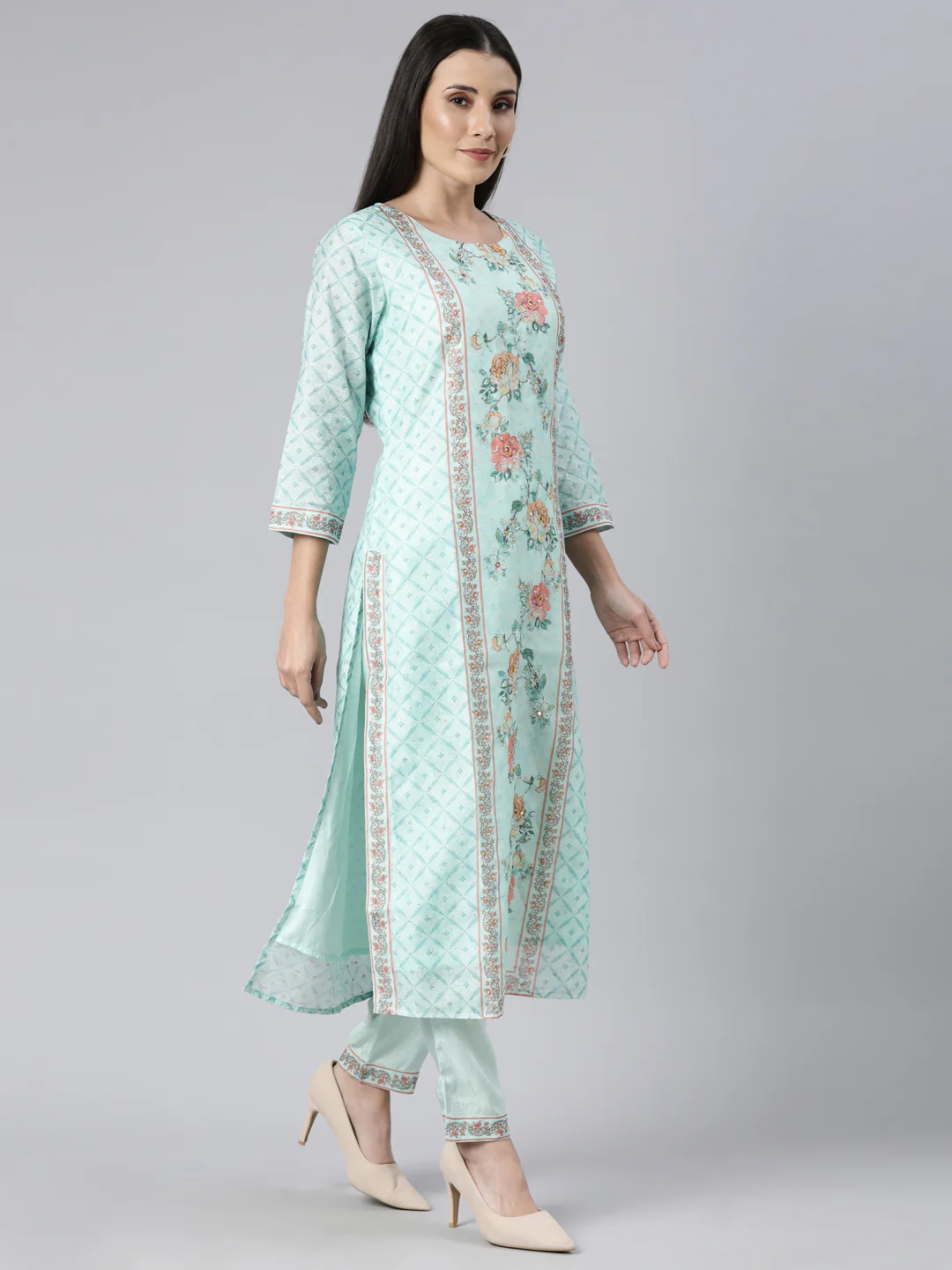 Neerus Sea Green Regular Straight Floral Kurta And Trousers With Dupatta - Image 2