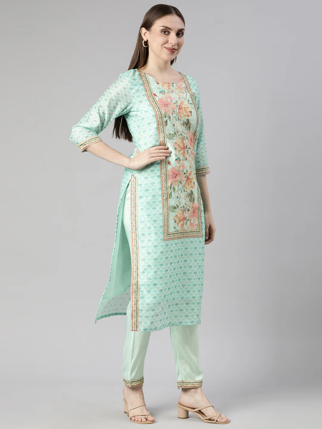 Neerus Sea Green Regular Straight Floral Readymade suits - Image 2