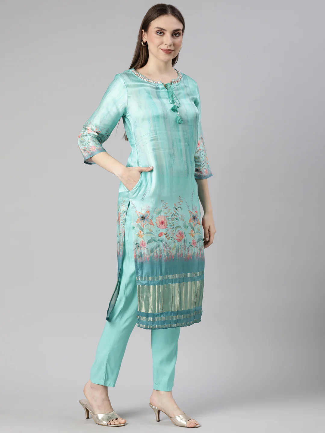 Neerus Sea Green Regular Straight Floral Readymade suits - Image 2