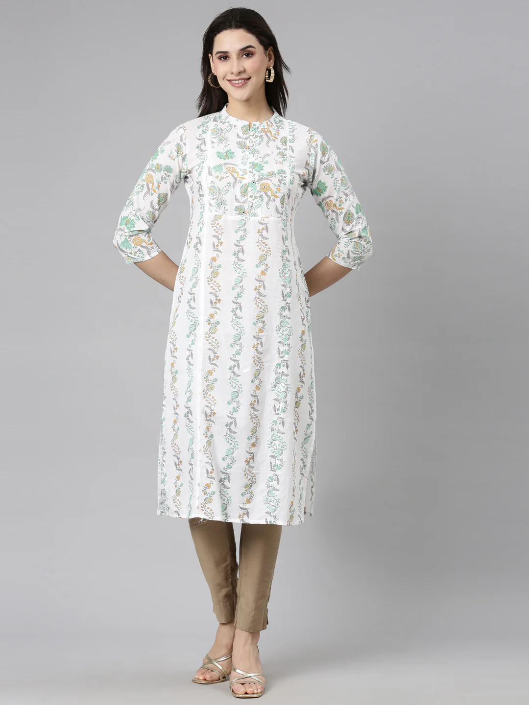 Neerus Sea Green Regular Straight Floral Kurta