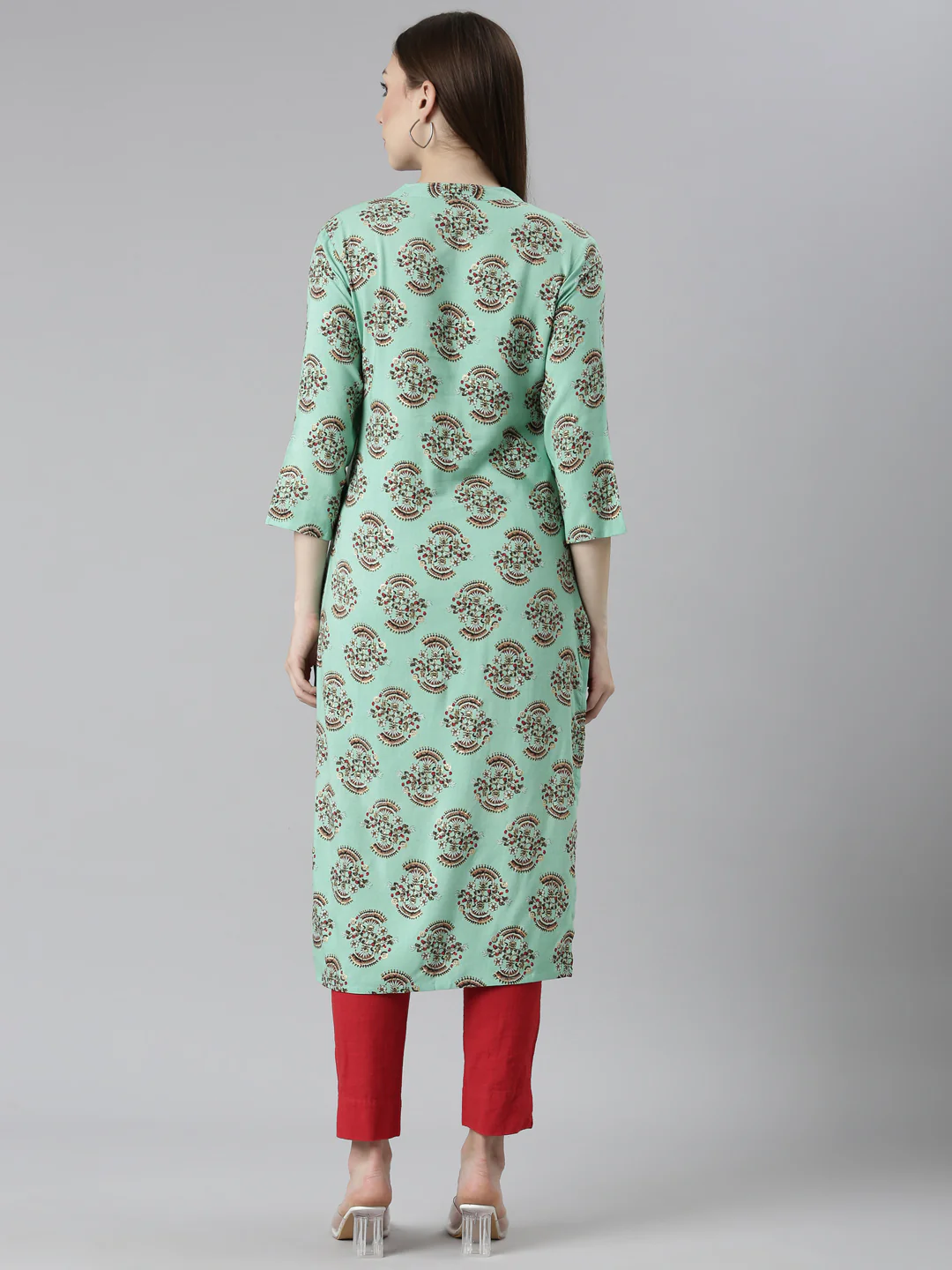 Neerus Sea Green Regular Straight Floral Kurta - Image 3