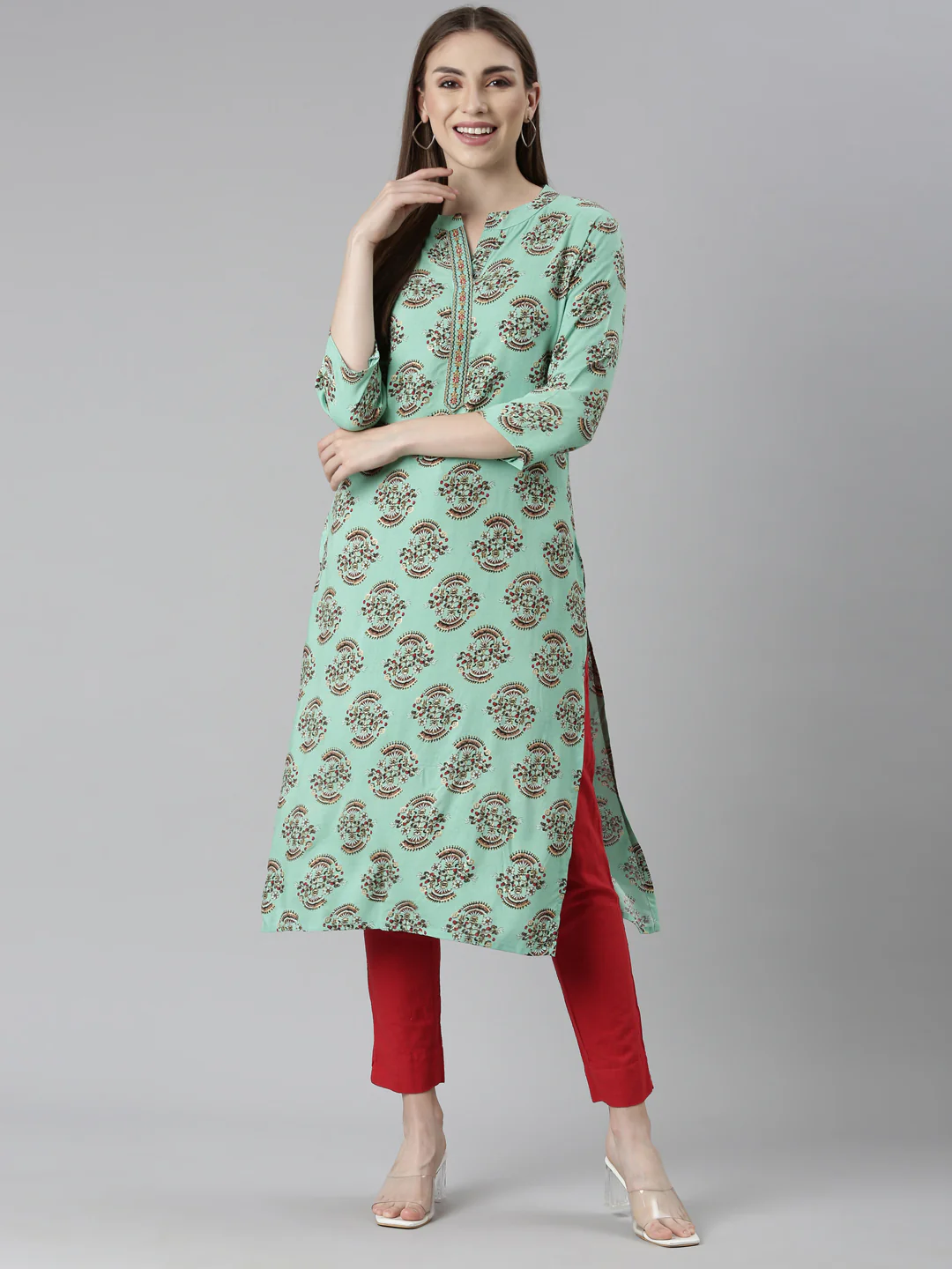 Neerus Sea Green Regular Straight Floral Kurta - Image 4