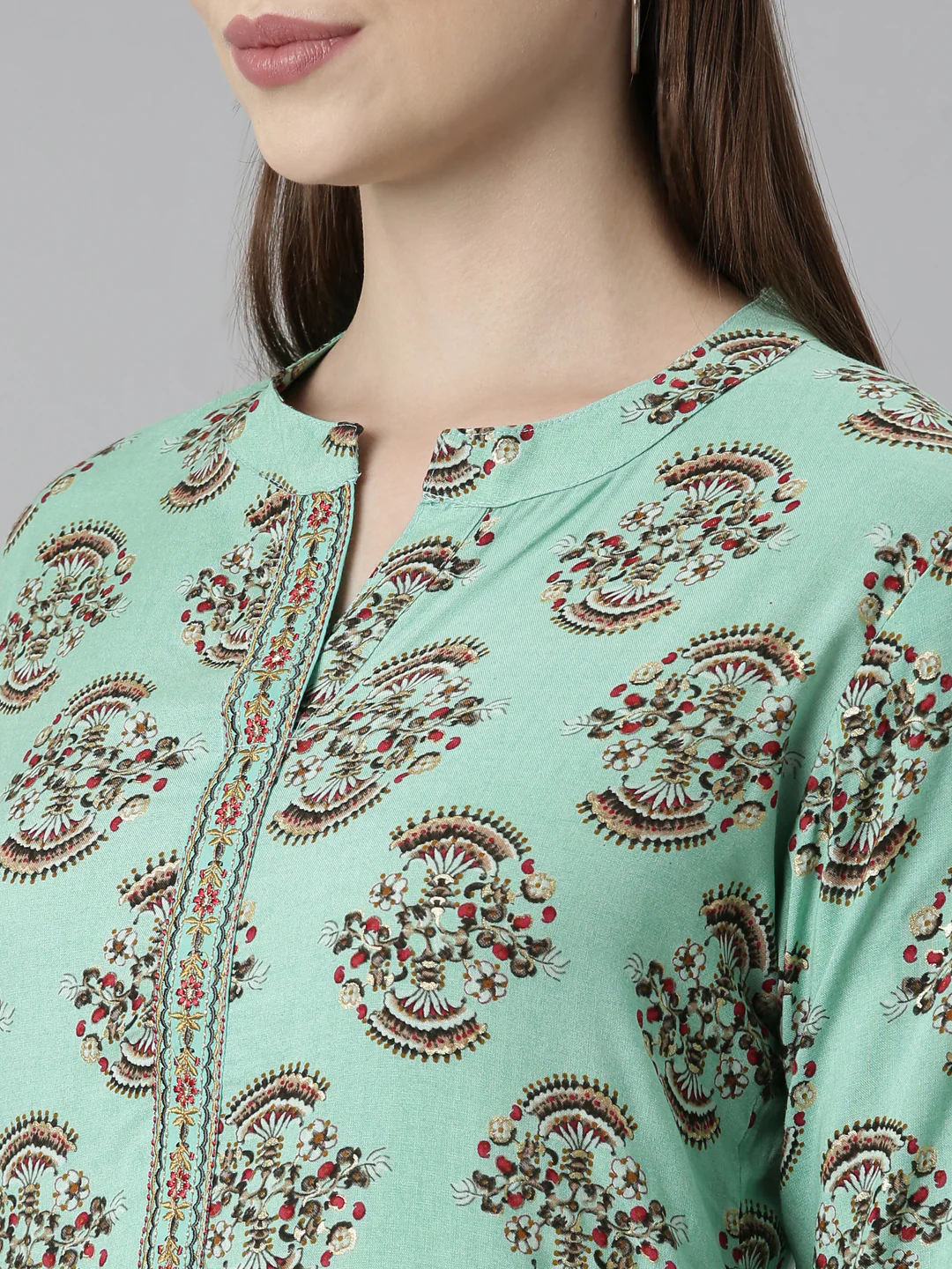 Neerus Sea Green Regular Straight Floral Kurta - Image 5