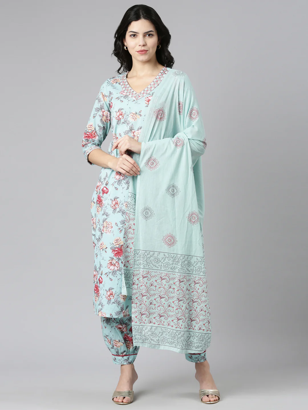 Neerus Sea Green Regular Straight Printed Kurta And Salwar With Dupatta